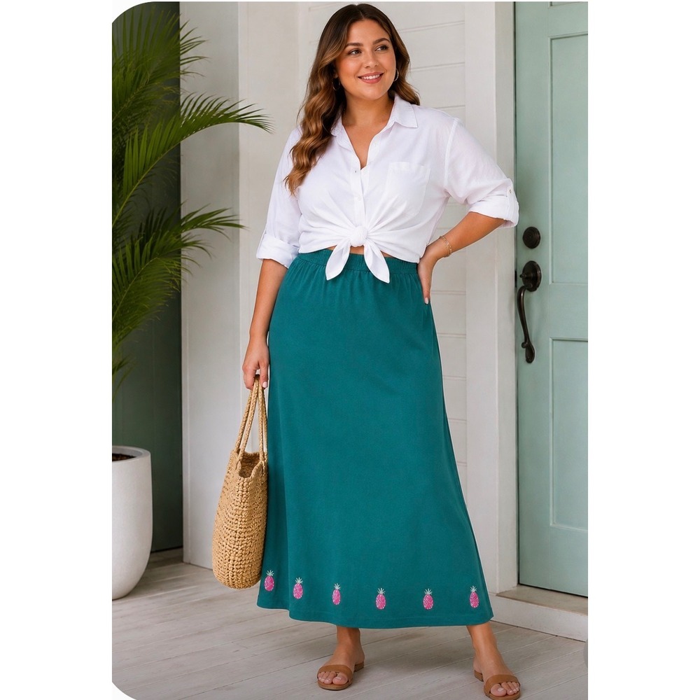 Quacker Factory Pull on XL kelly green knit midi skirt pink pineapple resort